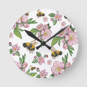 Horloge Ronde Flower pomverger avec abeilles aquarelle timon