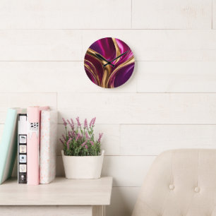 Horloge Ronde Flux Abstrait - Fuchsia violet et or-
