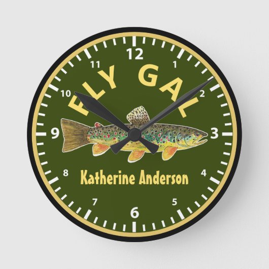 Horloge Ronde Fly Fishing Brown Trout FLY GAL Custom (Recto)