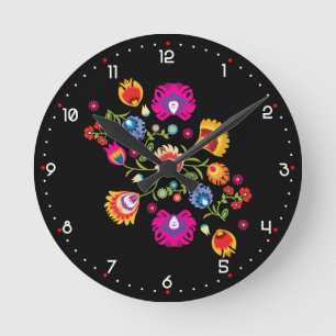 Horloge Ronde folklore polonais avec fleurs roses