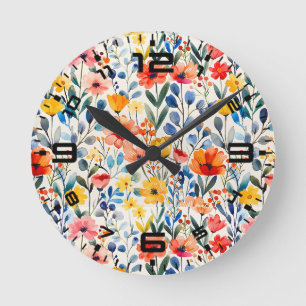 Horloge Ronde Fond de fleurs sauvages de printemps à l'aquarelle
