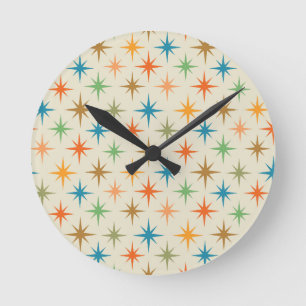Horloge Ronde Fond Milieu de Siècle Moderne Coloré Explosion Ato