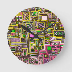 Horloge Ronde Formes géométriques roses et jaunes pop art punk