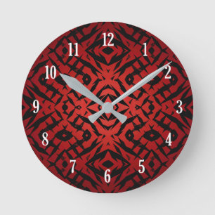 Horloge Ronde Formes tribales rouges et noires motif