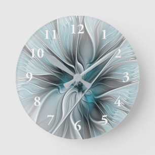 Horloge Ronde Fractal Floral Moderne Abstrait Fleur Bleu Gris