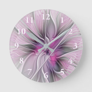 Horloge Ronde Fractal Floral Moderne Abstrait Fleur Rose Gris