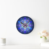 Horloge Ronde Fractale bleue de mandala de fleur (Maison)