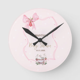 Horloge Ronde Fraise, Oie, Cadre à Nœud Papillon à Points Bébé S