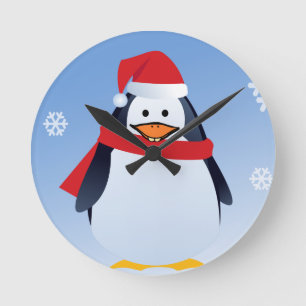 Horloge Ronde Funny Penguin Noël Père Noël Snowflakes