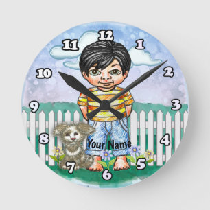 Horloge Ronde Garçon aux cheveux noirs et chien