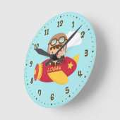 Horloge Ronde Garçon Aviateur Mignon Décoration de Chambre d'Enf (Angle)