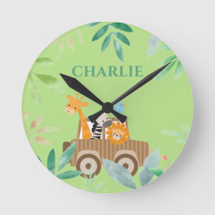 Horloge Ronde Garçons Joli Safari Animaux sauvages Nursery Enfan