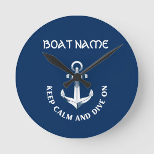 Horloge Ronde Gardez votre calme et plongez, ancre bleu marine