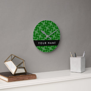 Horloge Ronde Garland de Noël, Vert, Votre nom, Personnaliser