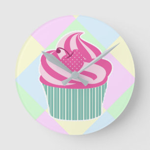 Horloge Ronde Gâteau Cupcake Rose Pastel Mignon
