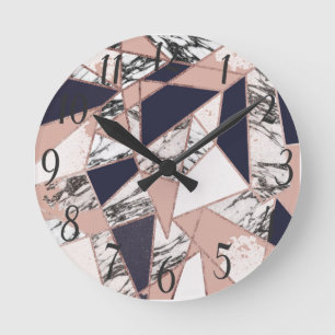 Horloge Ronde Géometric Navy Blue Peach Marble and Rose Gold