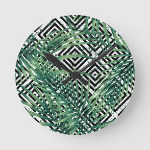 Horloge Ronde Géométrie tropicale en noir et blanc