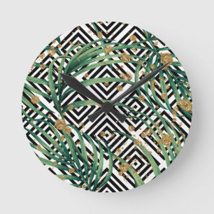 Horloge Ronde Géométrie tropicale noire et blanche paillettes do