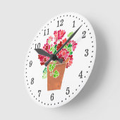 Horloge Ronde Geraniums rouge et rose en pot floral (Angle)