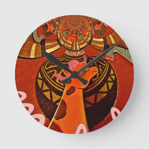 Horloge Ronde Girafe avec deux queues de cheval art