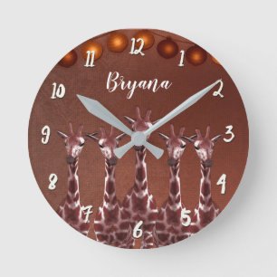 Horloge Ronde Girafes & Lumieres Brun Rustique Chic Personnalise