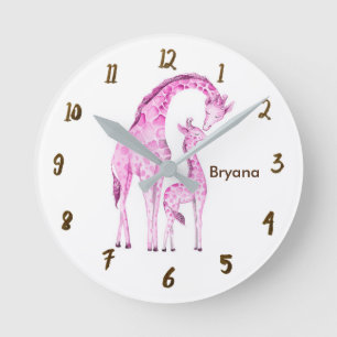 Horloge Ronde Girafes roses nurserie jungle personnalisée
