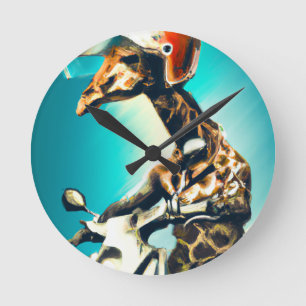 Horloge Ronde Giraffe portant un casque sur moto Art moderne AI