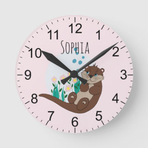 Horloge Ronde Girls Cute Pink Otter Flowers and Name Kids