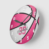 Horloge Ronde girly pink white personalized basketball (Angle)