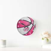 Horloge Ronde girly pink white personalized basketball (Maison)