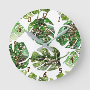 Horloge Ronde Glamour Tropical Or Palme Feuilles Paillettes Doré