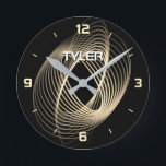 Horloge Ronde Gold Light Spiral on Black, DIY Nom en blanc<br><div class="desc">Gold Light Spiral on black background with Name in white text and all hour markings in gold.</div>