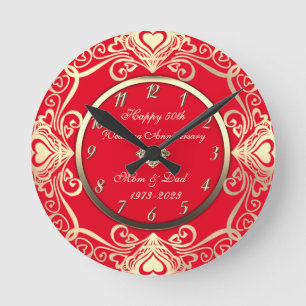 Horloge Ronde Gold Swirls Coeurs Diamond Rouge 50e Mariage