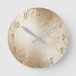 Horloge Ronde Golden Shine Botanique Tropical Palm Tree Feuilles