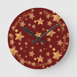 Horloge Ronde Golden Stars Dark Red Shiny élégant élégant chic