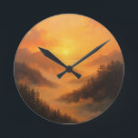 Horloge Ronde Golden Valley Sunrise<br><div class="desc">Il s'agit d'un paysage à couper le souffle représentant une vallée de montagne baignée par la lumière intense et rayonnante d'un lever ou coucher du soleil. Le ciel est dominé par une brillante lueur dorée et orange, rayonnant du soleil central et illuminant les nuages épars. La scène présente des pentes...</div>