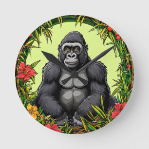 Horloge Ronde Gorille dans un cadre de bambou tropical