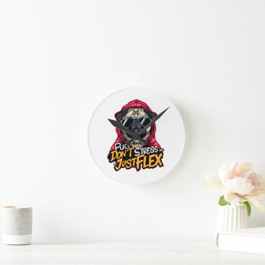 Horloge Ronde Graffiti Pug Wall Clock – “Pug Don’t Stress (Maison)