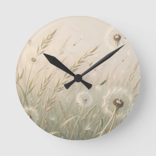 Horloge Ronde Graines de Pissenlit Rêveuses Soufflées par le Ven