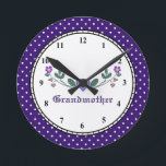 Horloge Ronde Grand-mère Clock<br><div class="desc">Une clock especially for Grandmother,  une nice for Mother's Day,  Birthday,  Christmas ou juste une cause.  Colorful polka dot trim can be switched to a solid color using the template tools.   Can be personalized,  too.  She'll love this unique venin !</div>