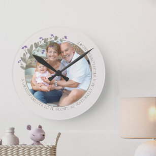 Horloge Ronde Grand-parents Photo Violet Fleur sauvage Floral Ca