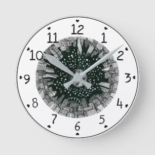 Horloge Ronde Grande ville sous la lune noir&blanc