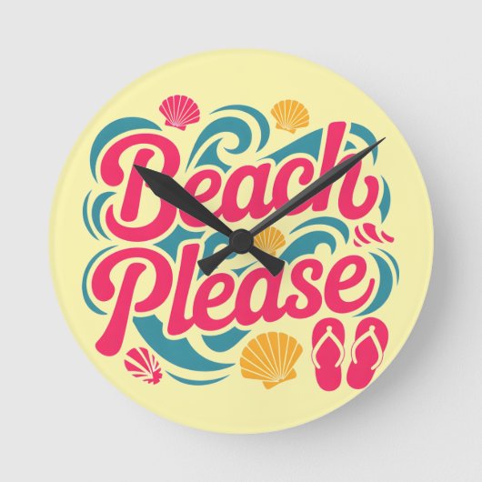 Horloge Ronde Graphisme Rétro « Beach Please » : Typographie Ros (Recto)