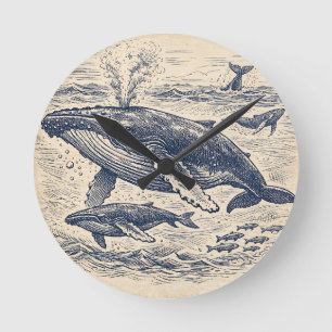 Horloge Ronde Gravure vintage de groupe de baleines à bosse