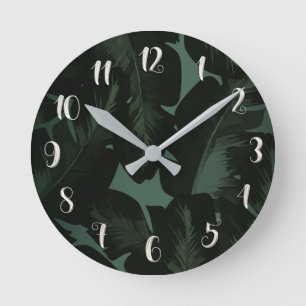 Horloge Ronde Green & Black Tropical Leaves Botanical Chic