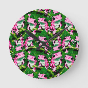 Horloge Ronde Grenouille Rose Sur La Feuille Verte Motif Design