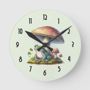 Horloge Ronde Grenouille sous un champignon Mignon Nature