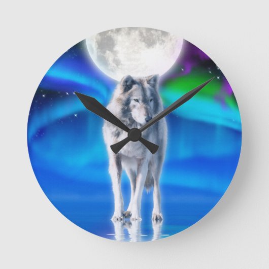 Horloge Ronde Grey Wolf & Aurora Moon Wildlife Art Clock (Recto)