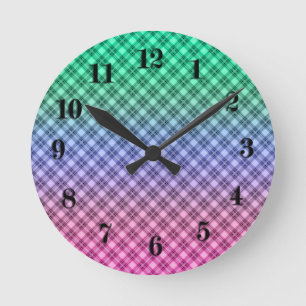 Horloge Ronde Grille dégradée à damiers motif tartan plaid rose
