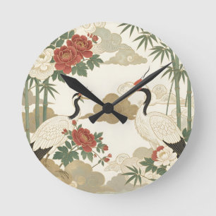 Horloge Ronde Grue couronnée rouge Pivoine Bambou Asiatique